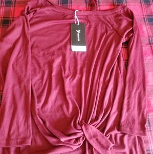 Red off the shoulder bunched 3/4 sleeve blouse